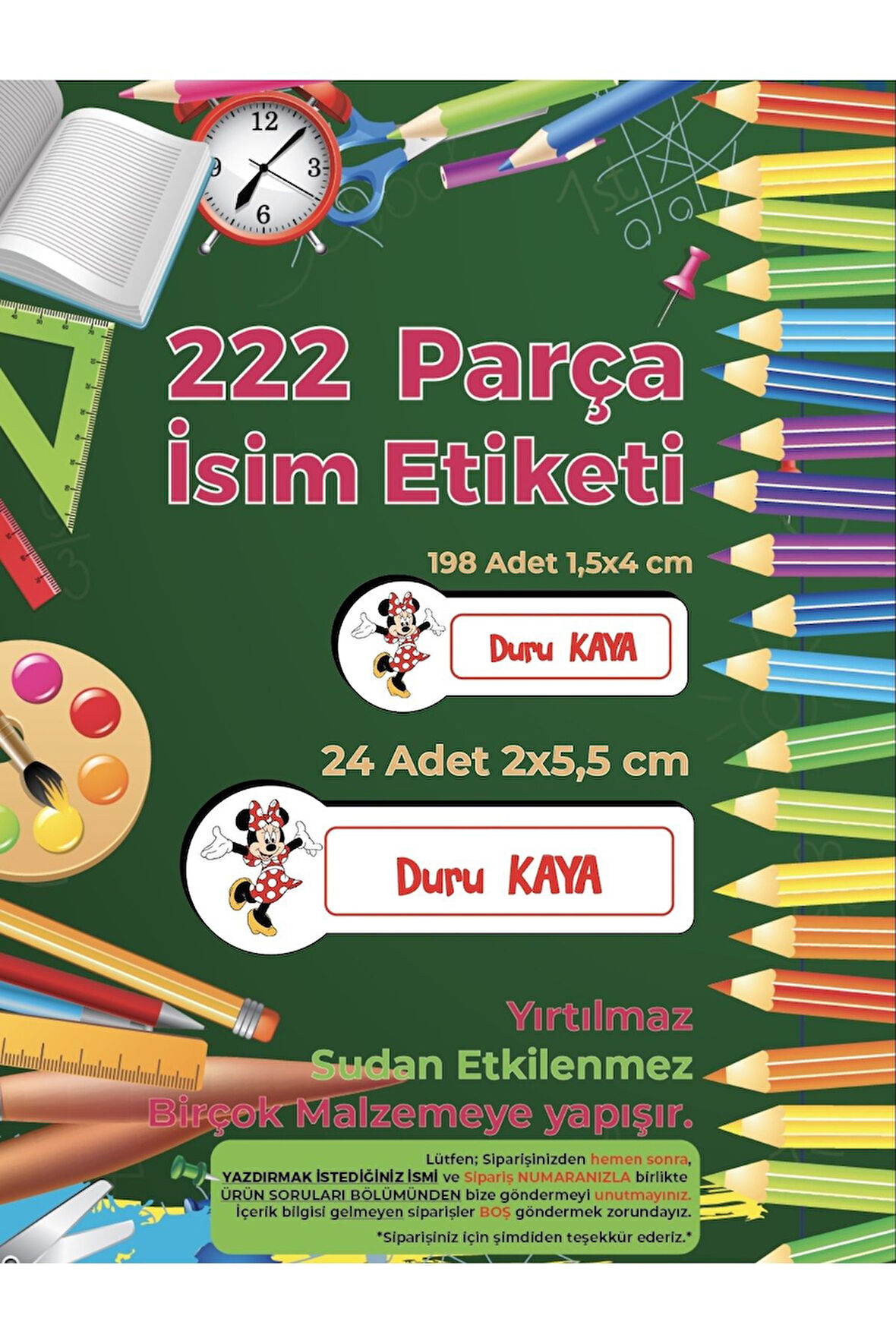Okul Etiketi, Kalem Defter Etiketi, Minie Mouse Etiketi - 222 Adet Folyo Sticker