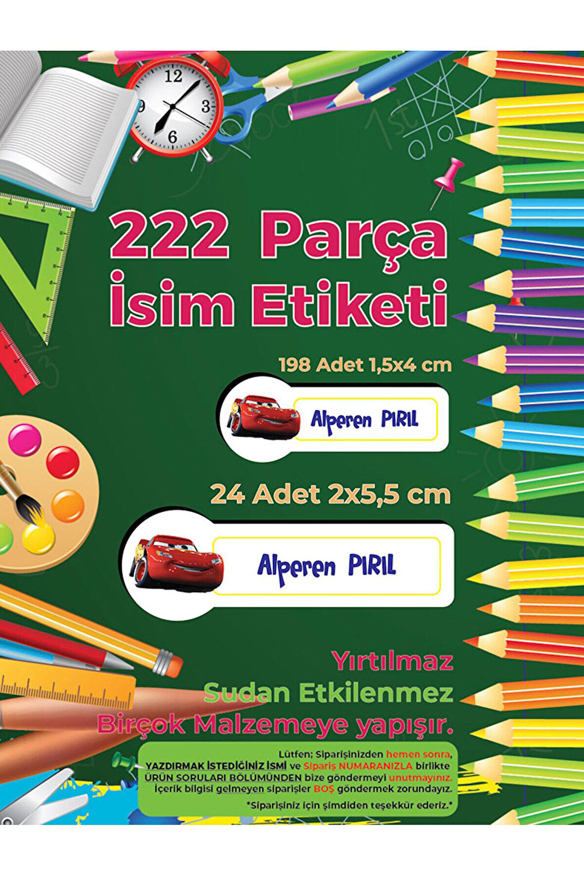 Okul Etiketi Kalem Defter Etiketi, Şimşek Macqueen Etiketi - 222 Adet Folyo Sticker