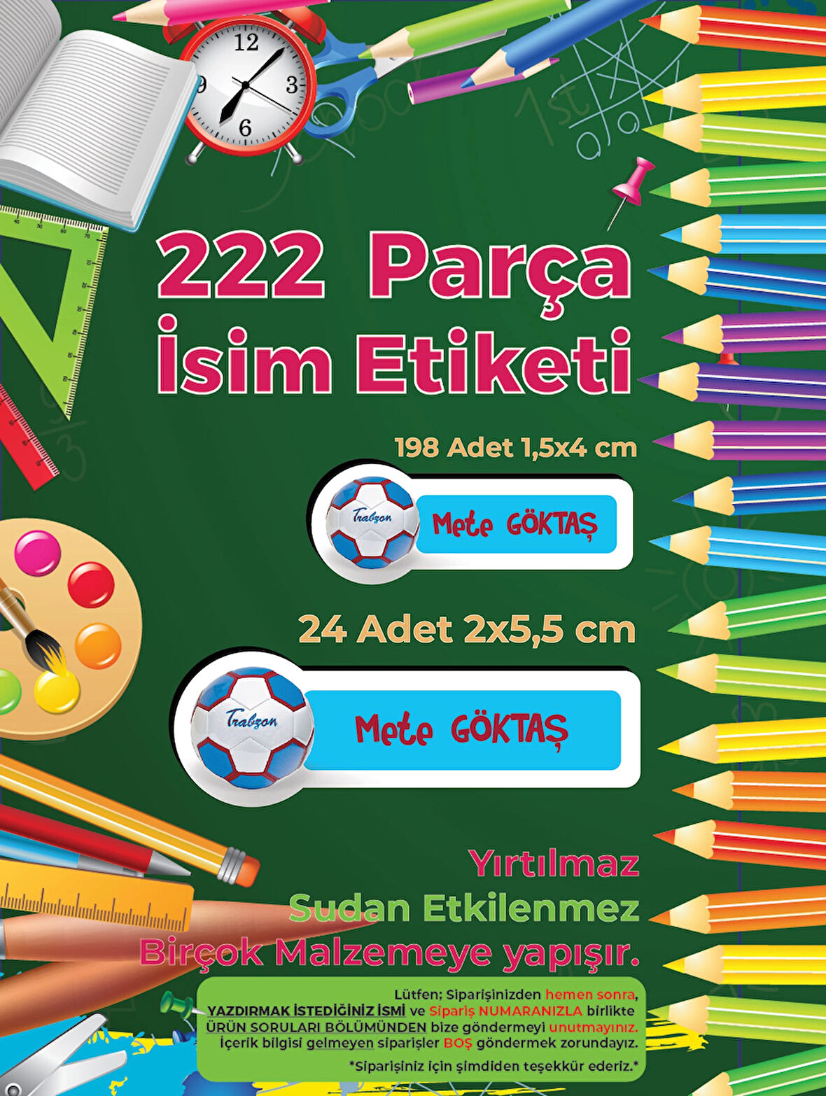Okul Etiketi Kalem Defter Etiketi, TS Etiketi - 222 Adet Folyo Sticker