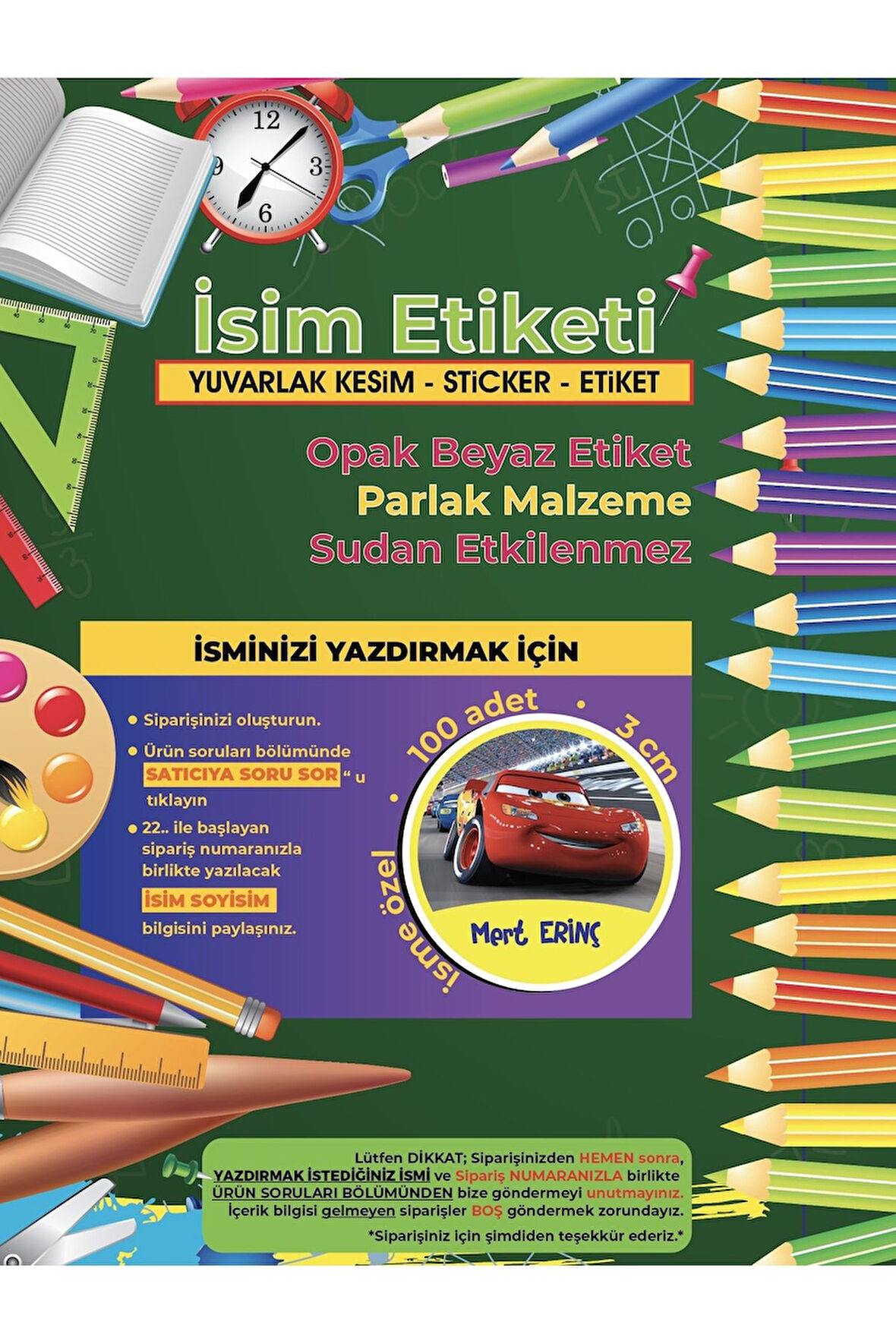 Okul Etiketi Kalem Defter Etiketi, Şimşek Macqueen Etiketi - 100 Adet 3cm Opak Sticker