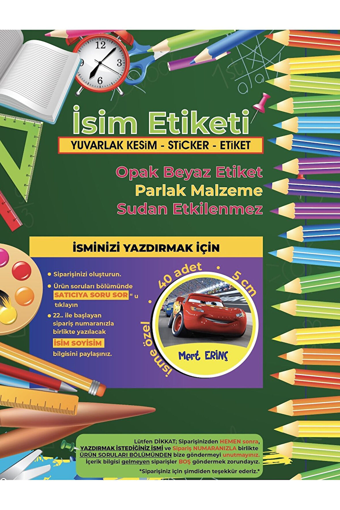 Okul Etiketi Kalem Defter Etiketi, Şimşek Macqueen Etiketi - 40 Adet 5cm Opak Sticker