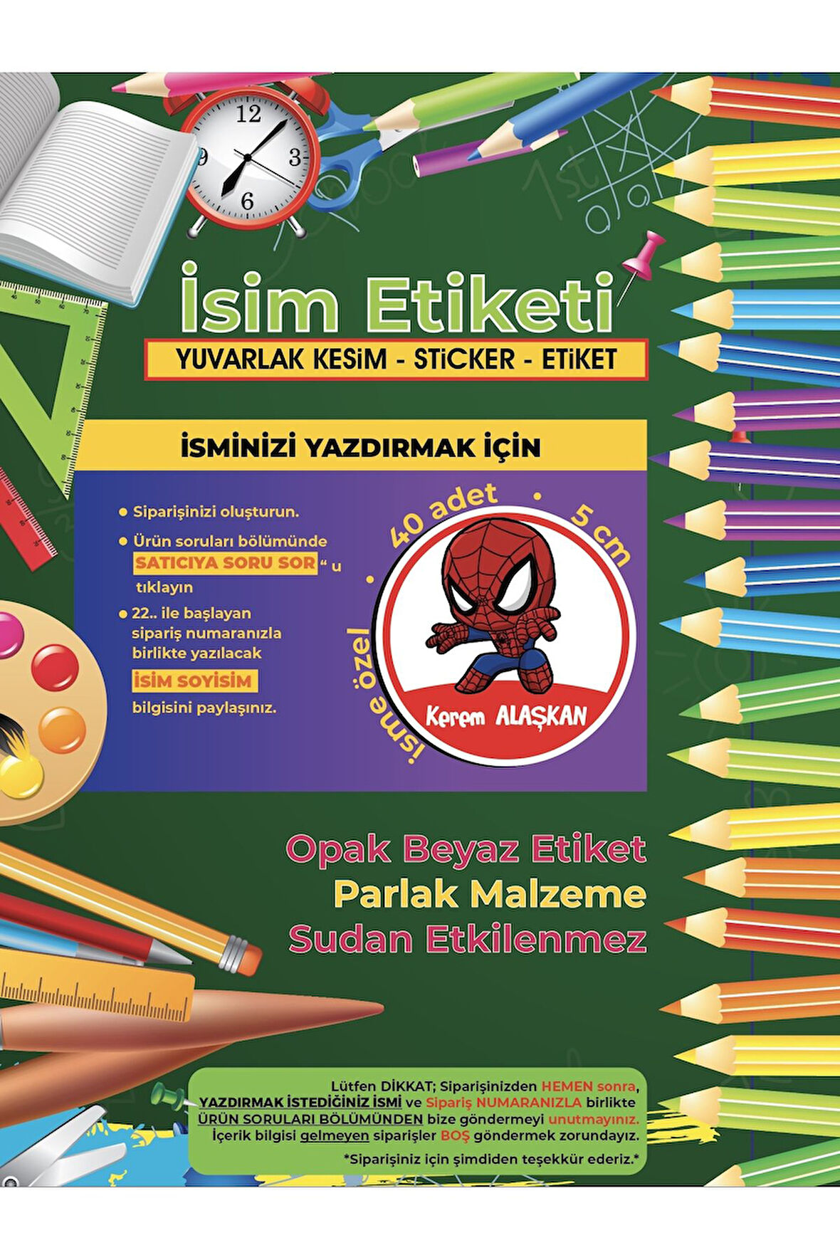 Okul Etiketi, Kalem Defter Etiketi, Baby Spider - Örümcek Adam Etiketi - 40 Adet 5cm Opak Sticker
