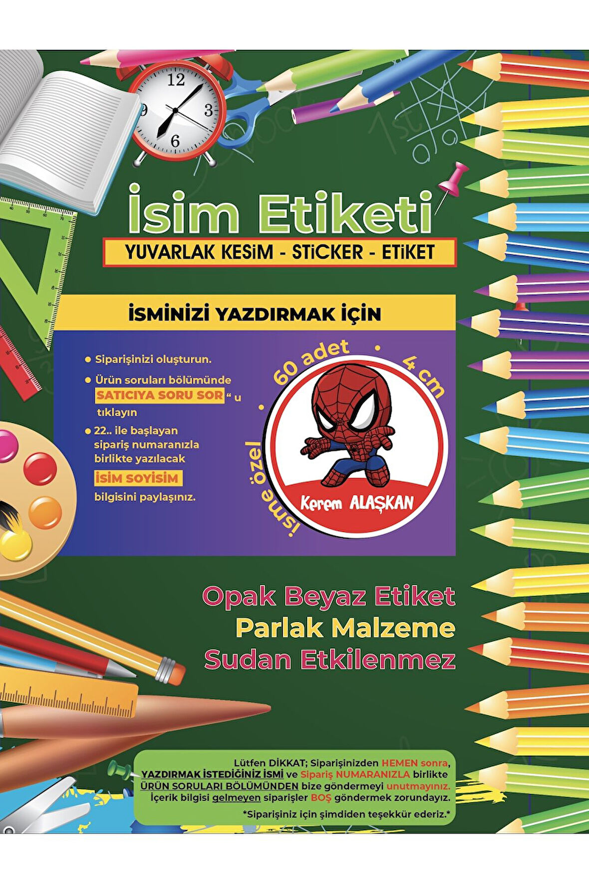Okul Etiketi, Kalem Defter Etiketi, Baby Spider - Örümcek Adam Etiketi - 60 Adet 4cm Opak Sticker