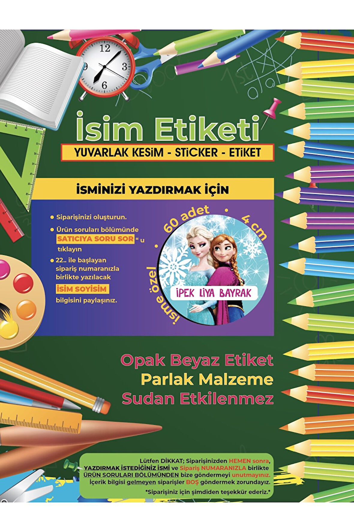 Okul Etiketi, Kalem Defter Etiketi, ELSA Etiketi - 60 Adet 4cm Opak Sticker