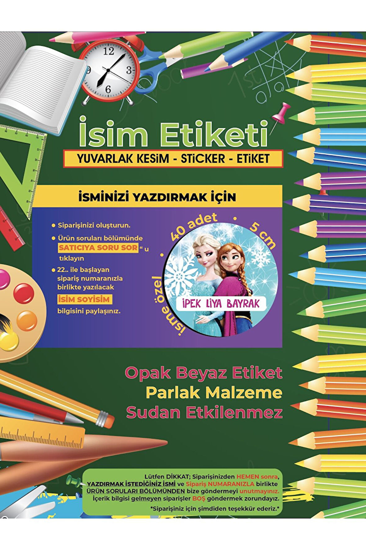 Okul Etiketi, Kalem Defter Etiketi, ELSA Etiketi - 40 Adet 5cm Opak Sticker