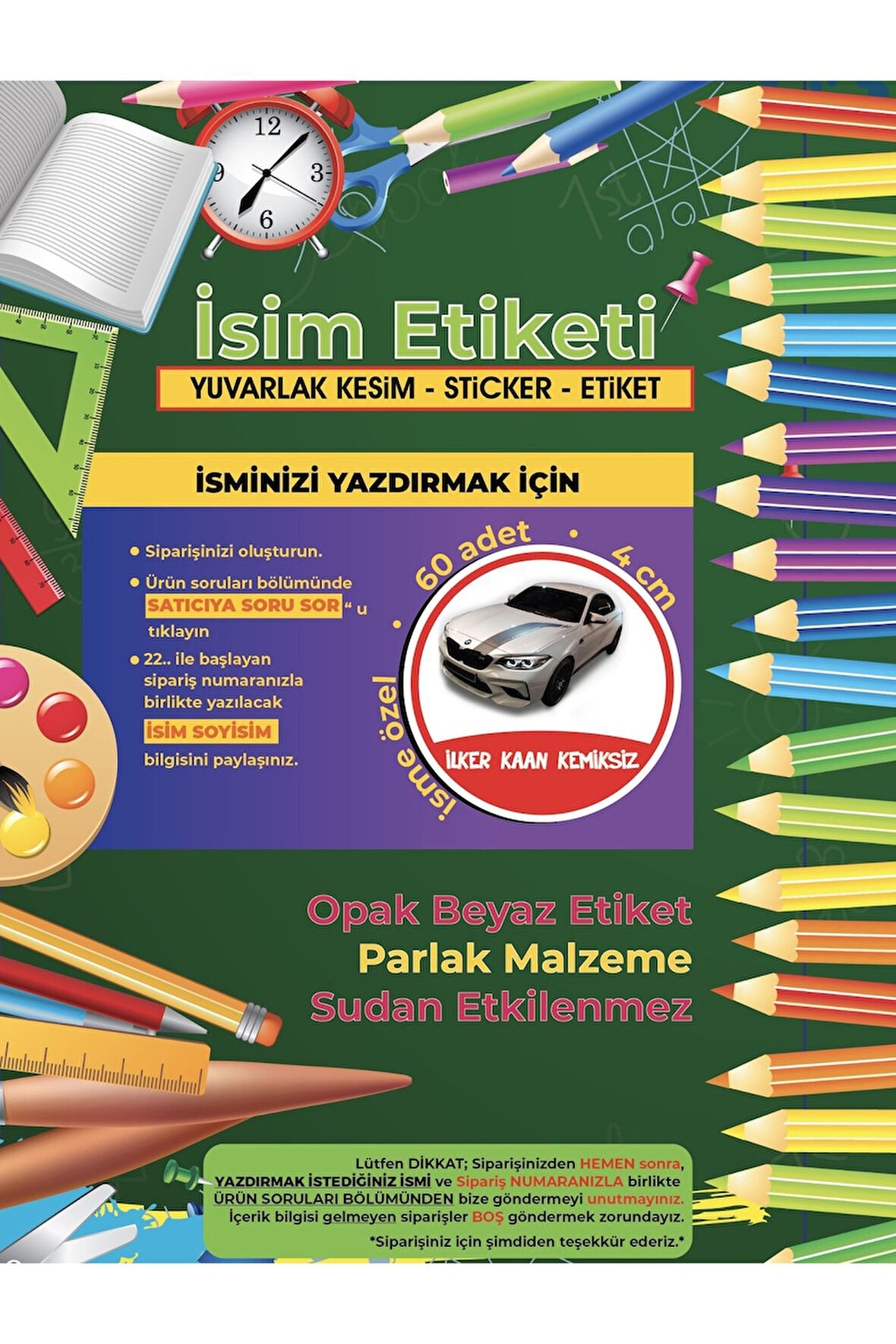 Okul Etiketi, Kalem Defter Etiketi, BMW Etiketi - 60 Adet 4cm Opak Sticker