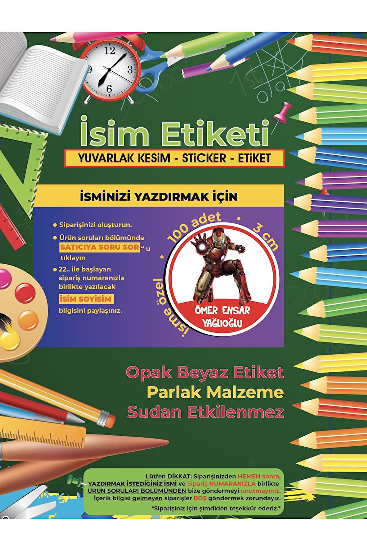 Okul Etiketi, Kalem Defter Etiketi, iron Man Etiketi - 100 Adet 3cm Opak Sticker