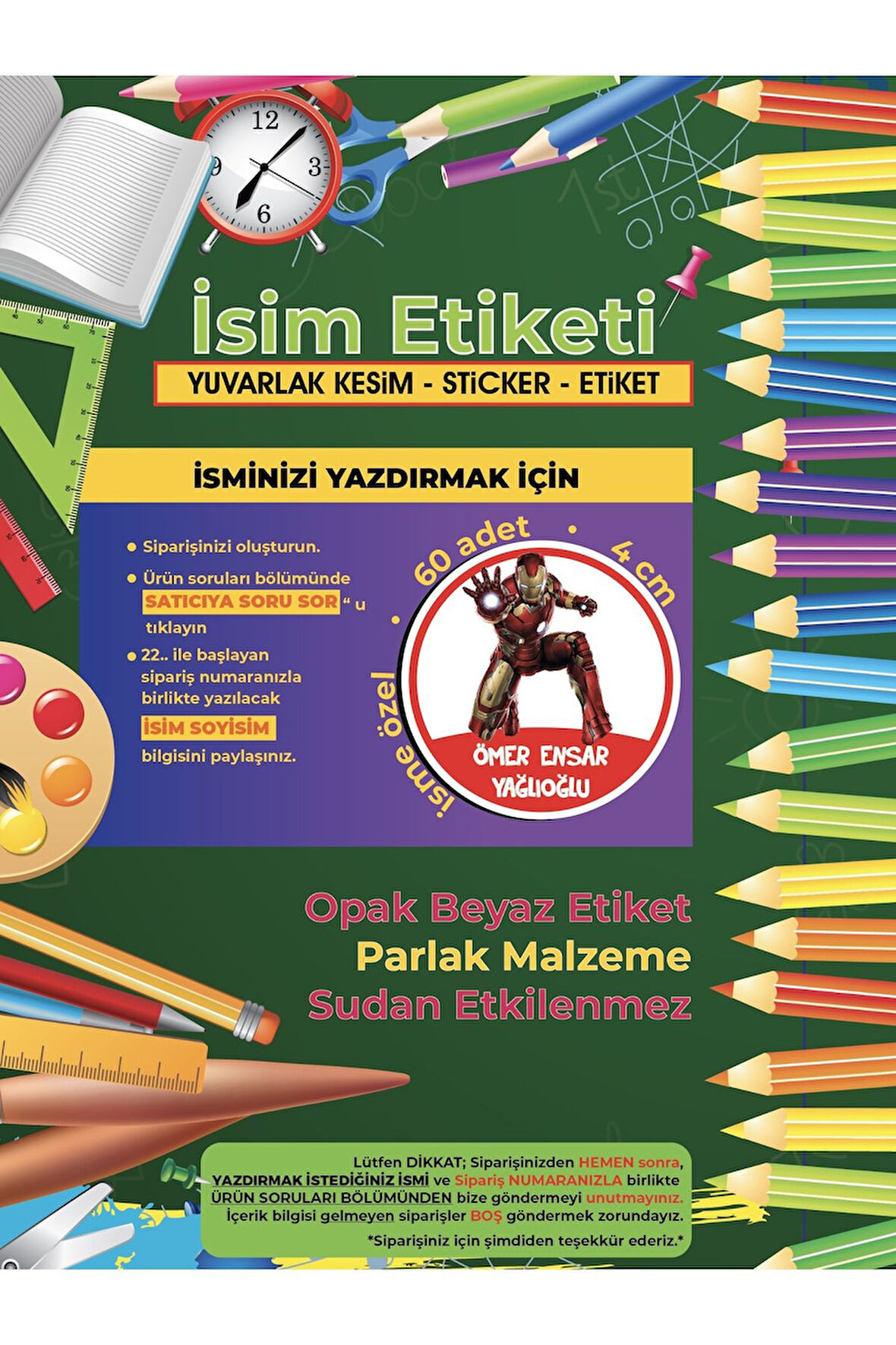 Okul Etiketi, Kalem Defter Etiketi, iron Man Etiketi - 60 Adet 4cm Opak Sticker
