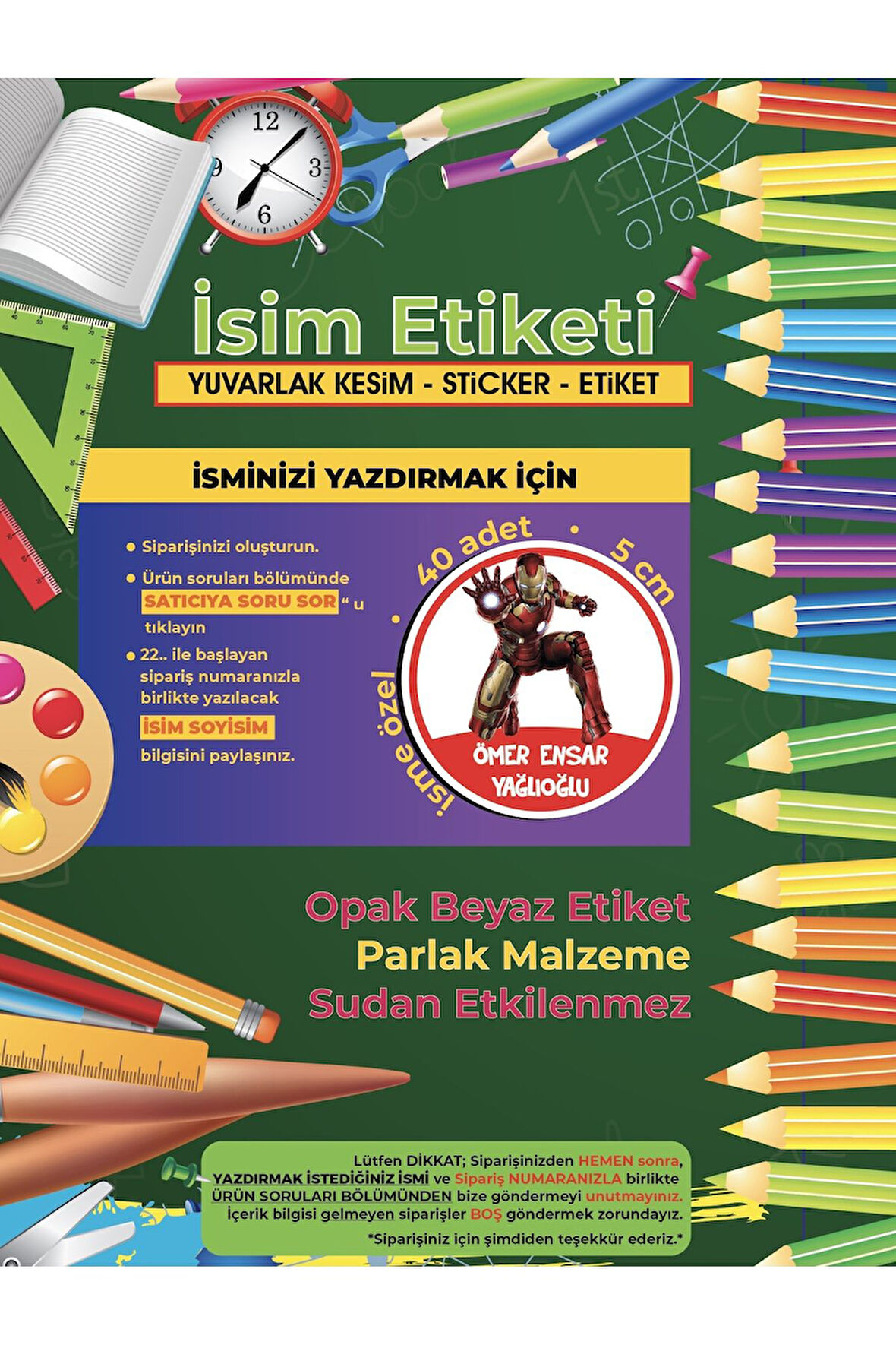 Okul Etiketi, Kalem Defter Etiketi, iron Man Etiketi - 40 Adet 5cm Opak Sticker