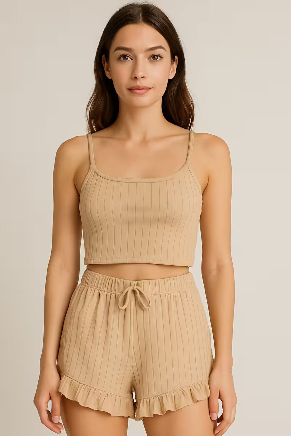Crop Takım - Askılı Crop Takım Likralı Bej (M)