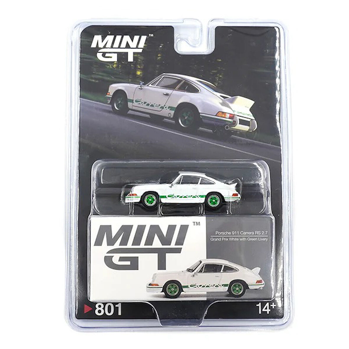 Mini GT 801 Porsche 911 Carrera RS 2.7 Grand Prix White with Green Livery - Blister Paket