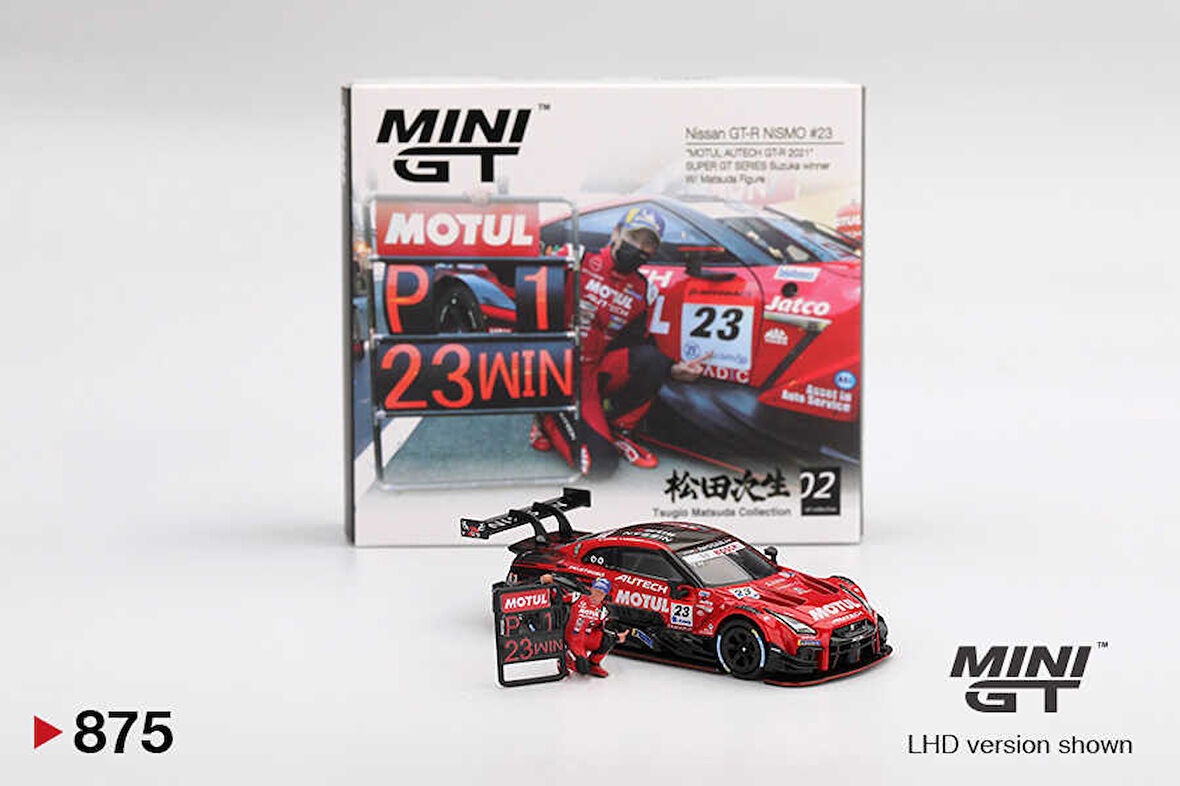 Mini GT 1/64 875 Nissan GT-R NISMO #23 "MOTUL AUTECH GT-R 2021" SUPER GT SERIES Suzuka winner W/ Matsuda Figure Tsugio Matsuda Collection No.2
