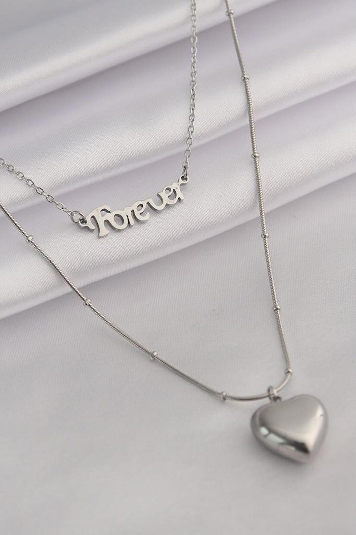 316L Çelik Gümüş Renk 'Forever' Yazılı 3D Kalp Model Kadın Kolye - BJ-BKO7012