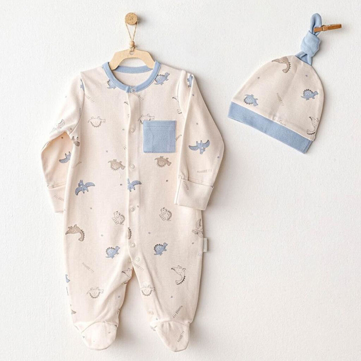 AC25919 Romper Hat Set Dino Bebek Tulum Takım Beige