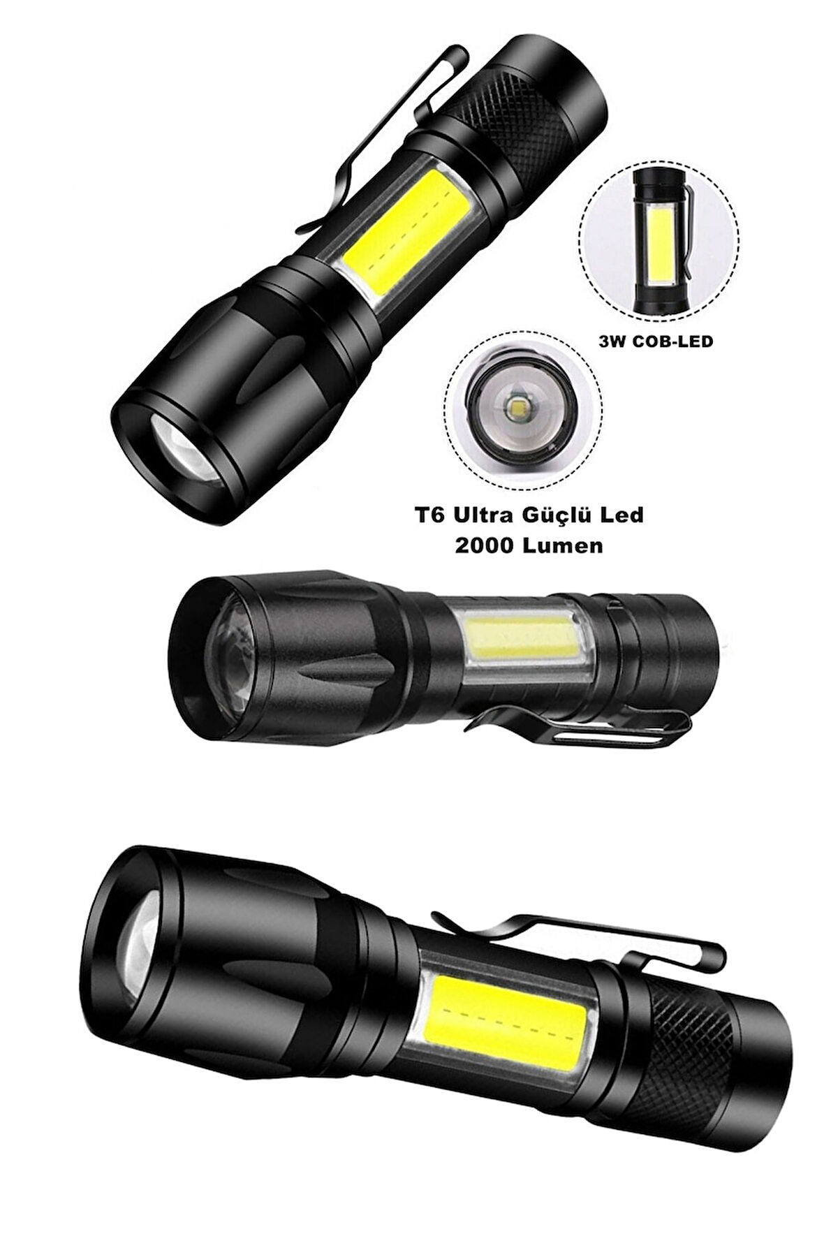 Ultra Çift Yönlü Güçlü Pilli Led El Feneri 2000 Lümen 6W Cob Led Su Geçirmez Zoomlu 3 Modlu