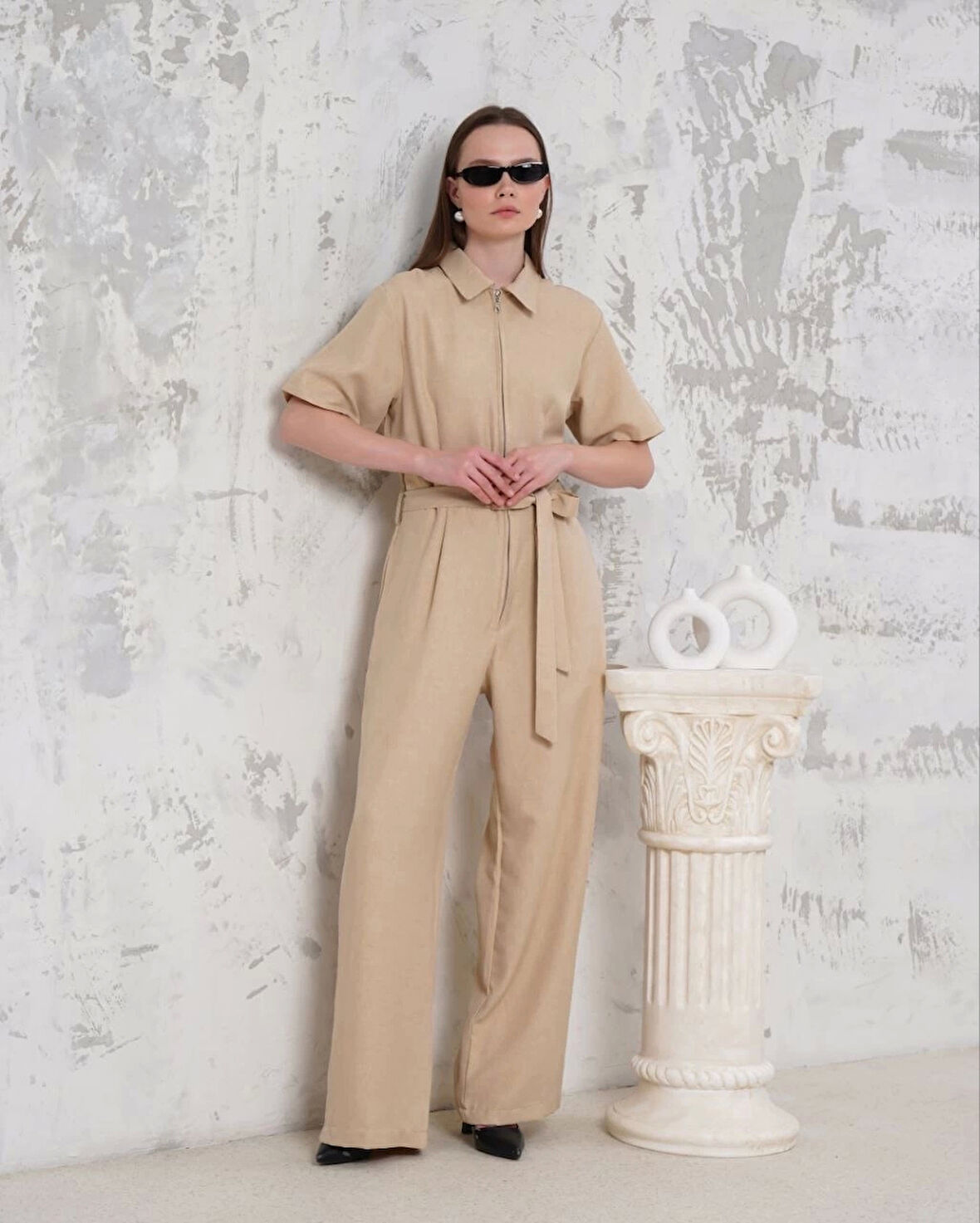 Kuşaklı Gömlek Yaka Salaş Tulum Bej S255822