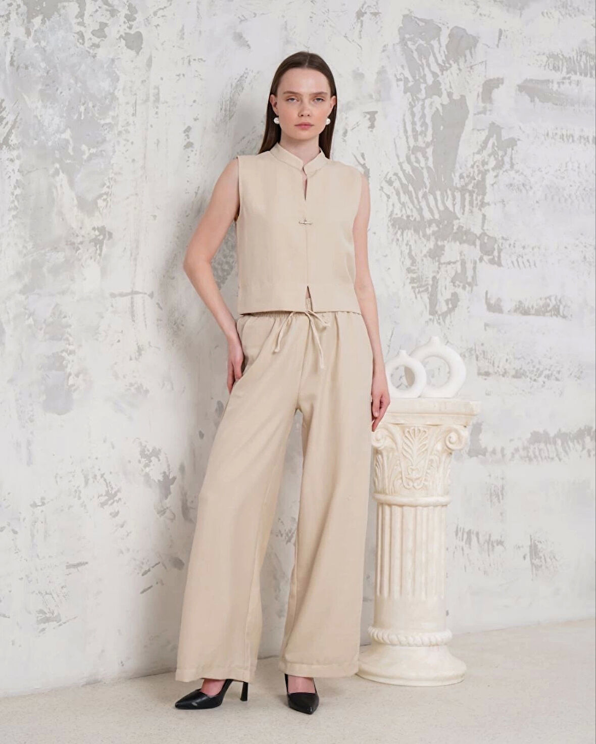 Broşlu Yelek Pantolon Takım Bej S255821