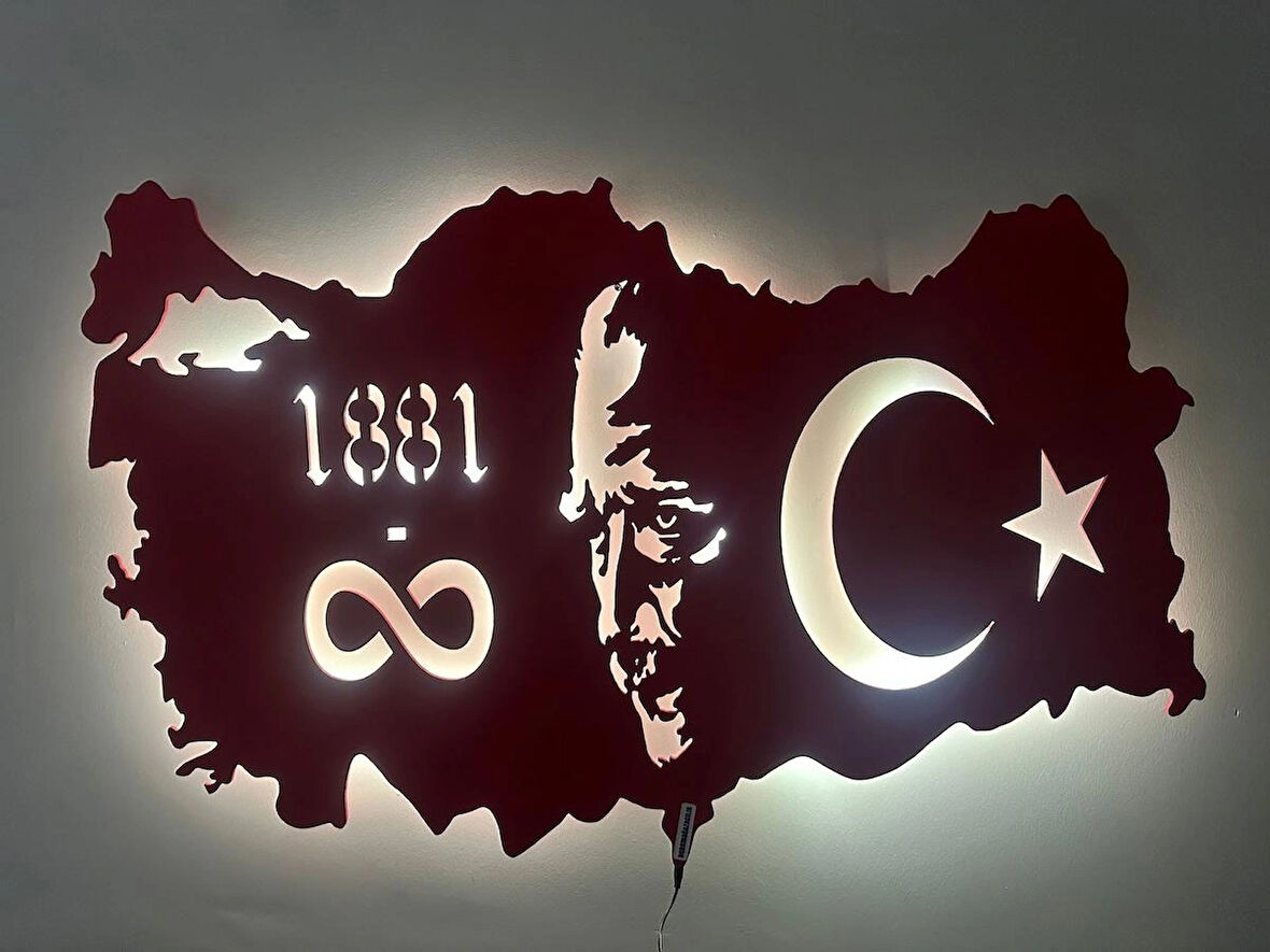 Özel Atatürk ve Türkiye Haritası Led Işıklı Tasarım Tablo Ahşap Dekorotif Duvar Tablosu