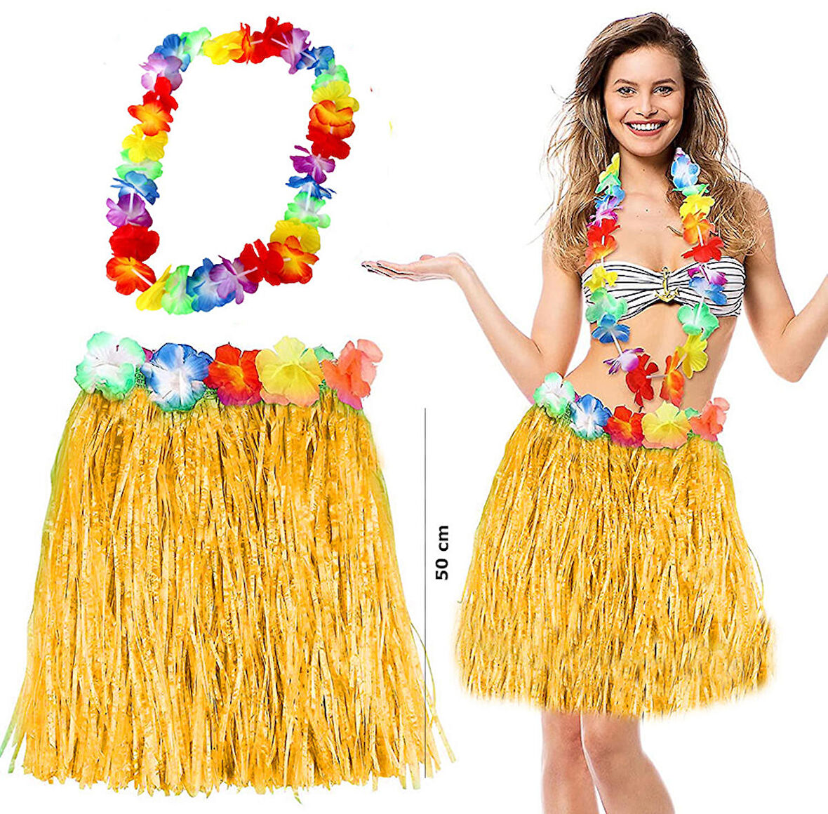 Parti Aksesuar Hawaii Luau Aloha Sarı Püsküllü 50 cm Etek ve Hawaii Kolye Seti