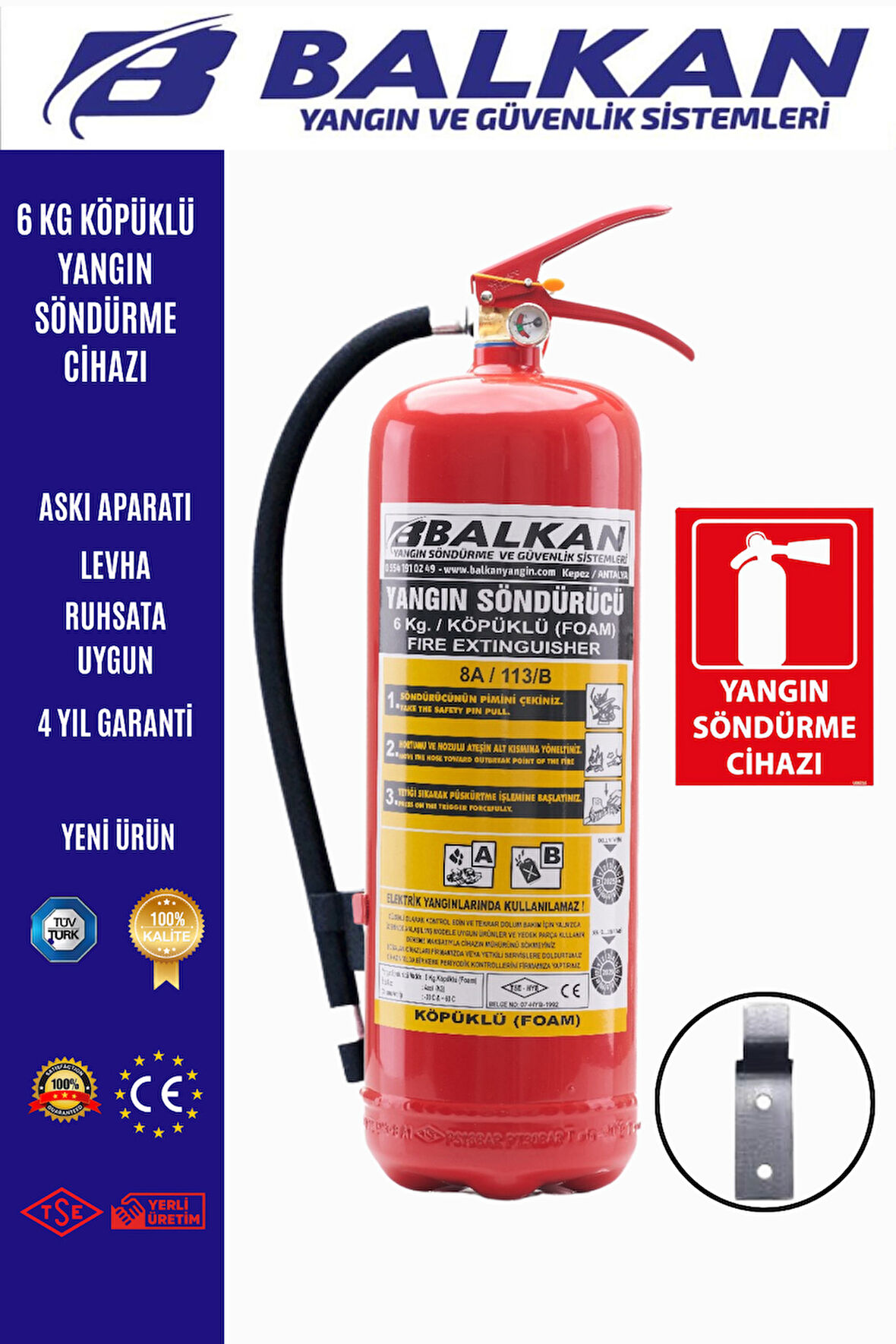 6kg Ruhsata Uygun Köpüklü Yangın Söndürme Tüpü Askı Aparatı Ve Yangın Söndürücü Kullanım Kılavuzu