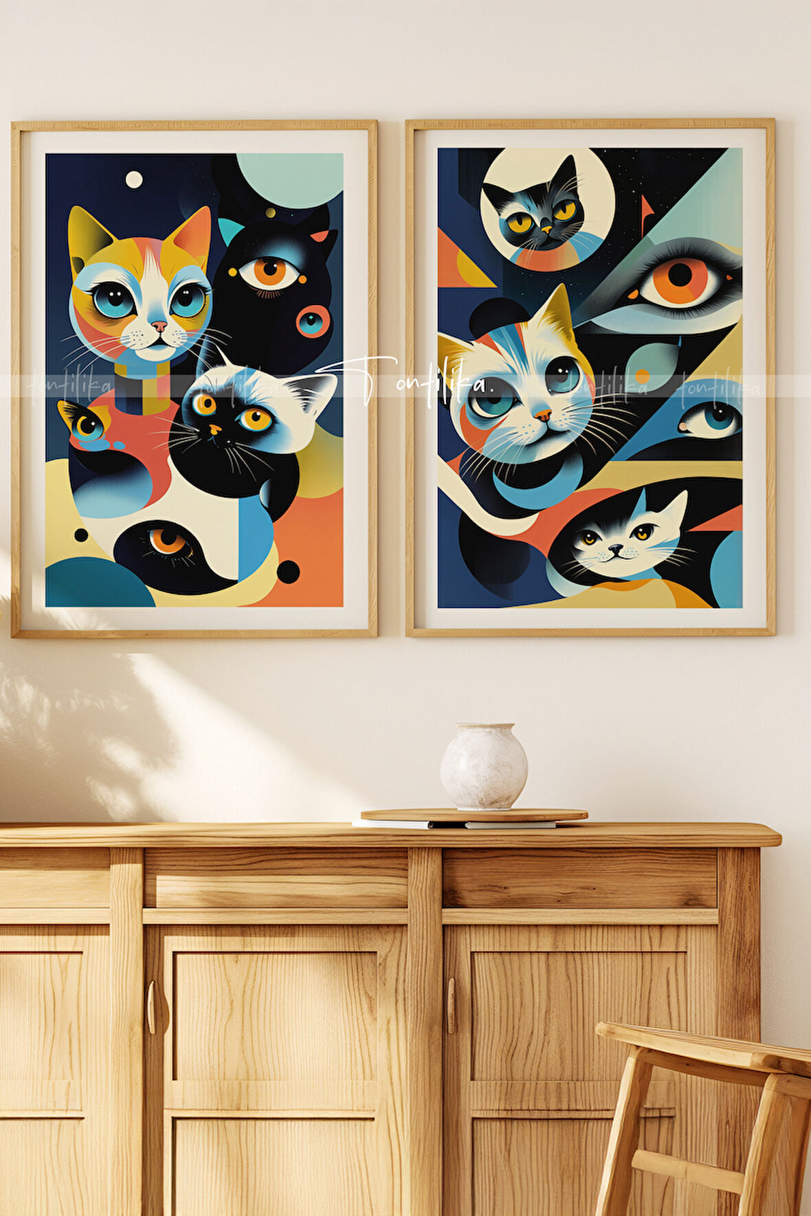 Modern Kedi Tasarımlı 2'li Ahşap Çerçeveli Tablo Seti-21x30