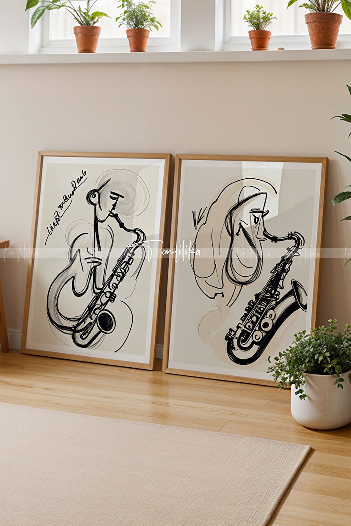 Soyut Saksafon Çalan Figürler 2'li Minimalist Ahşap Tablo Seti-21x30