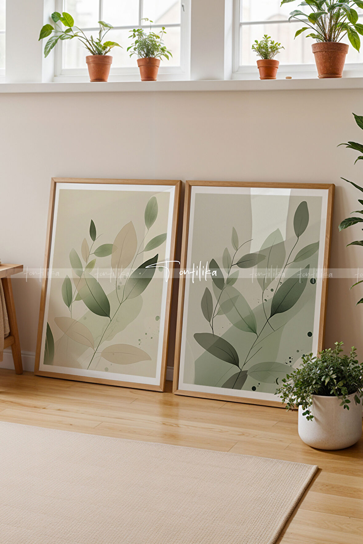 Minimalist Yeşil Yaprak Tasarımlı Ahşap Çerçeveli 2'li Tablo Seti-30x42