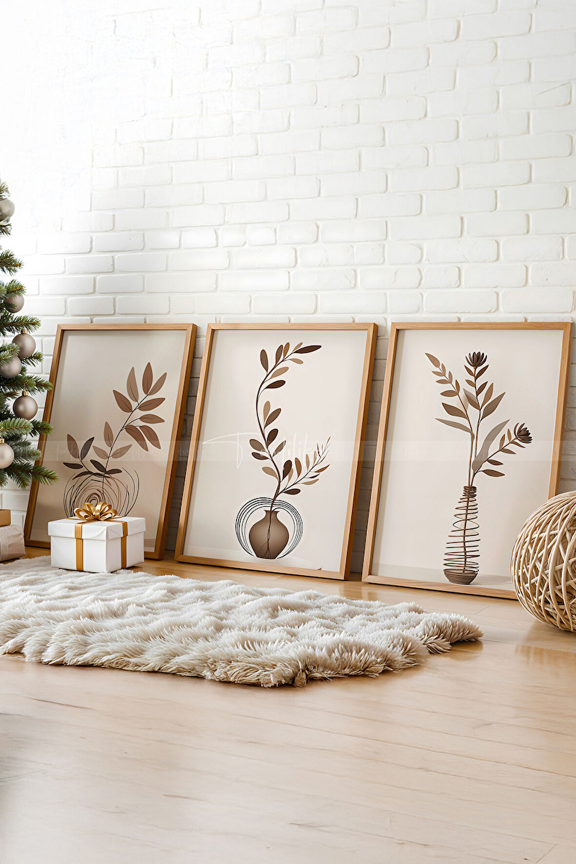 Minimal Doğal Motifli 3'lü Ahşap Çerçeveli Tablo Seti 30x42