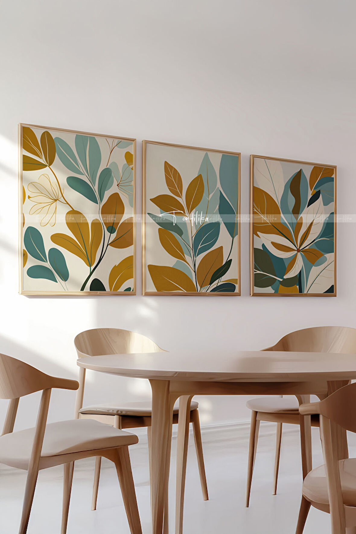 Minimalist Yaprak Desenli 3 Parçalı Ahşap Çerçeveli Tablo Seti