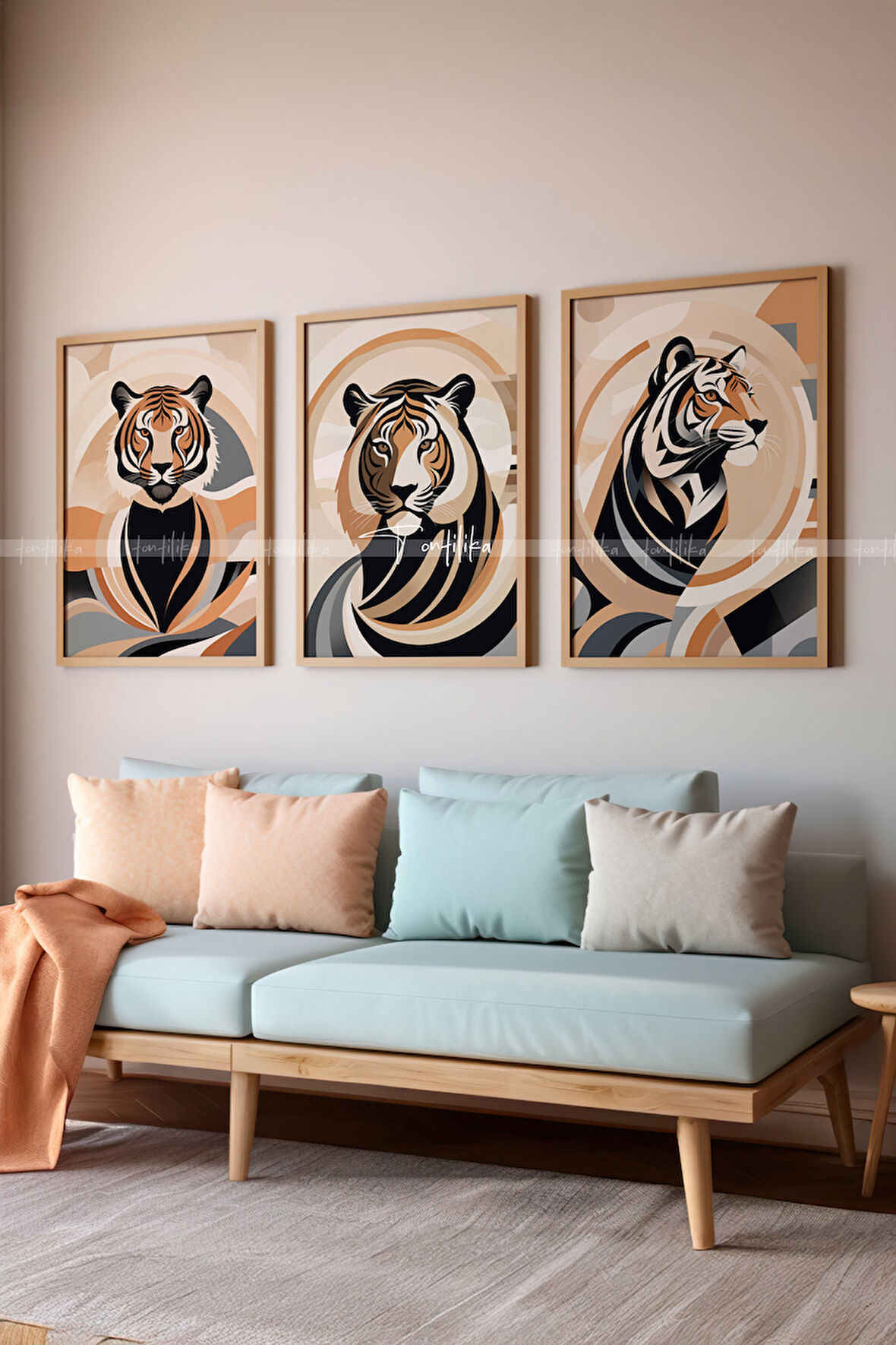 Kaplan Temalı 3'lü Ahşap Çerçeveli Tablo Seti 21x30