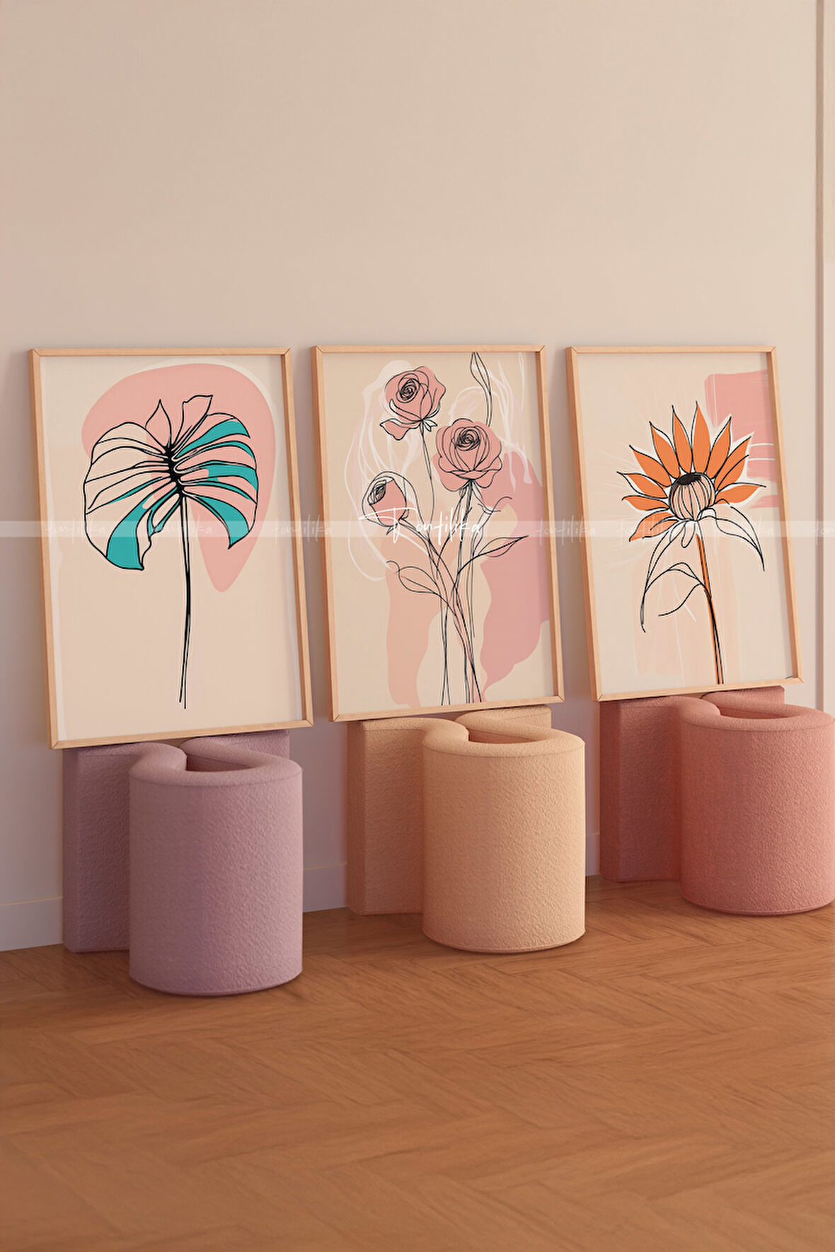Floral Çizgisel Çiçek Sanat 3'lü Ahşap Çerçeveli Tablo Seti-30x42