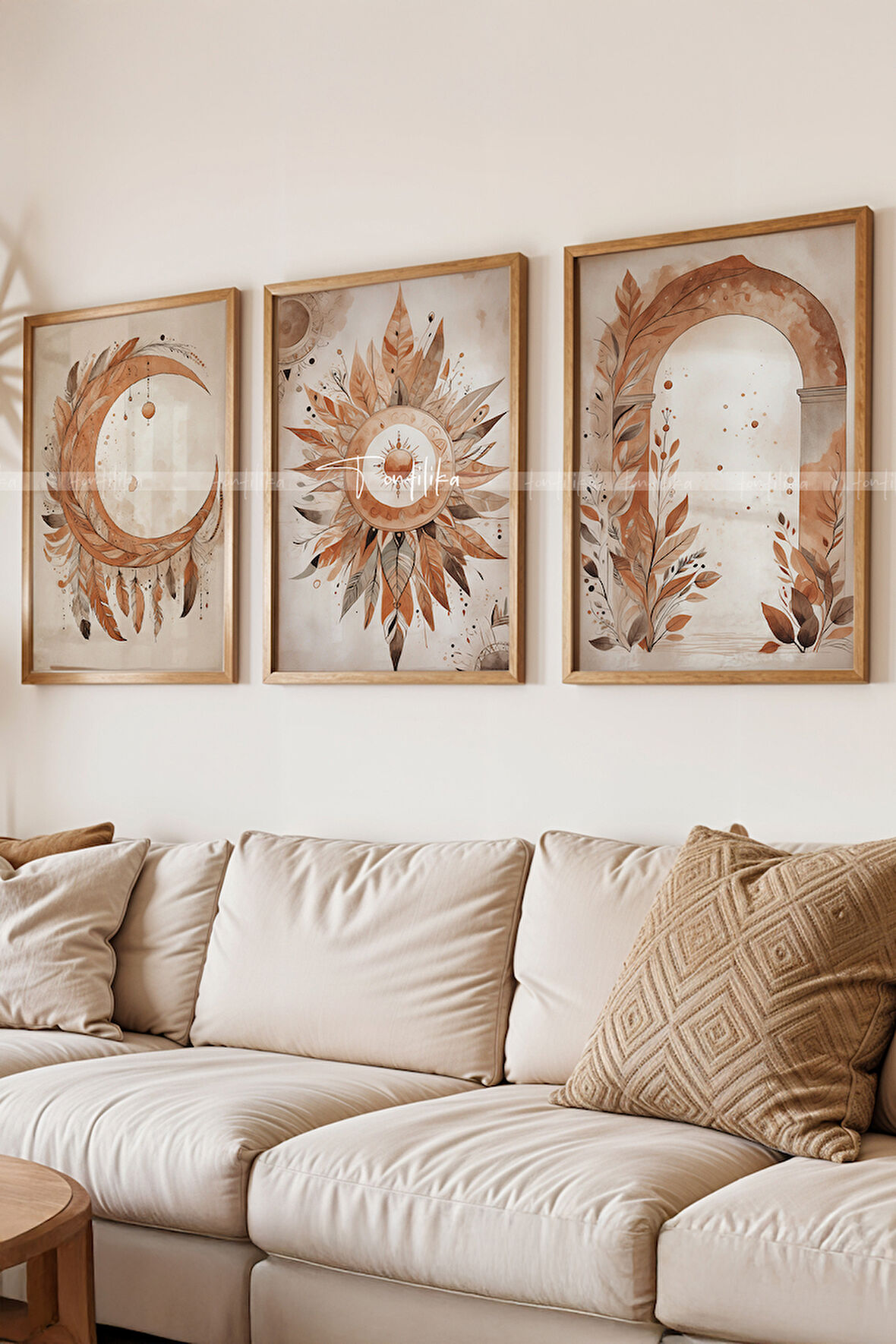 Bohem Ay ve Güneş Temalı 3'lü Ahşap Çerçeveli Tablo Seti 30x42