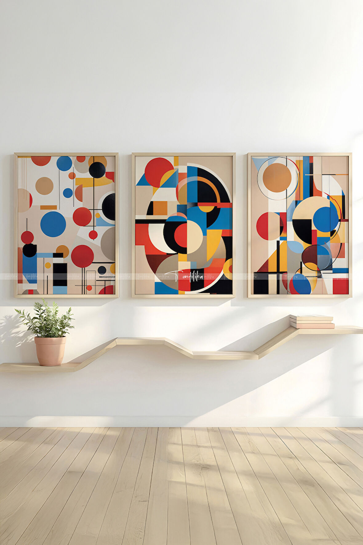 Canlı Geometrik 3 Parçalı Ahşap Çerçeveli Tablo Seti - Modern Soyut Tasarım-30x42