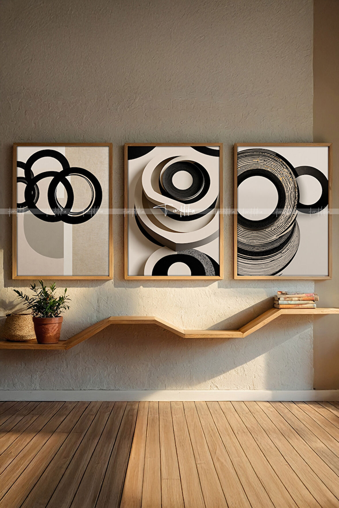 Minimal Geometrik Çizgiler 3'lü Ahşap Tablo Seti-2