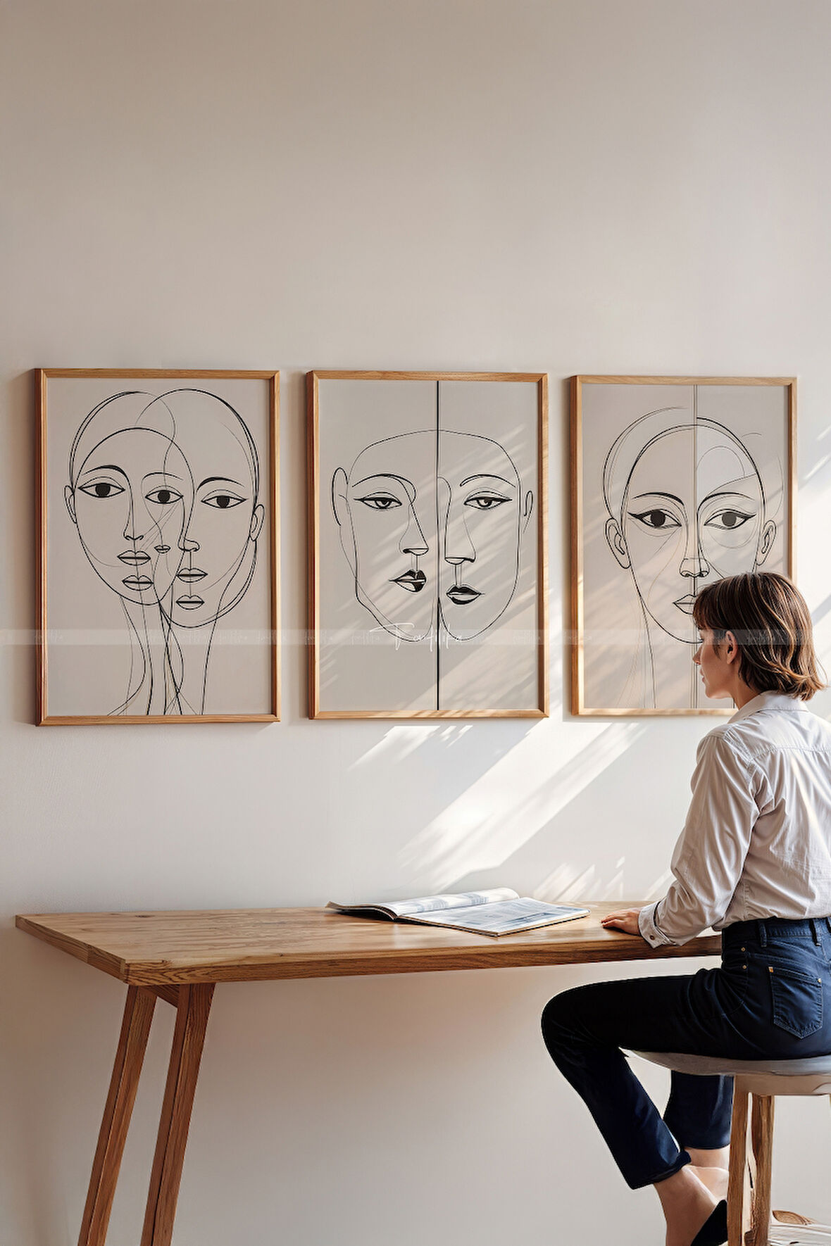 Minimalist Çizgi Sanatı 3 Parçalı Ahşap Çerçeveli Tablo Seti - Yüzler ve İfadeler