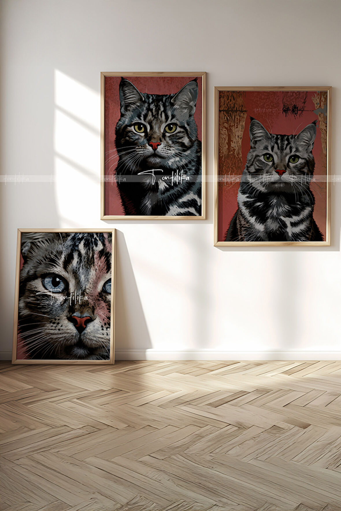 Kedi Portresi 3 Parçalı Ahşap Çerçeveli Tablo Seti-2