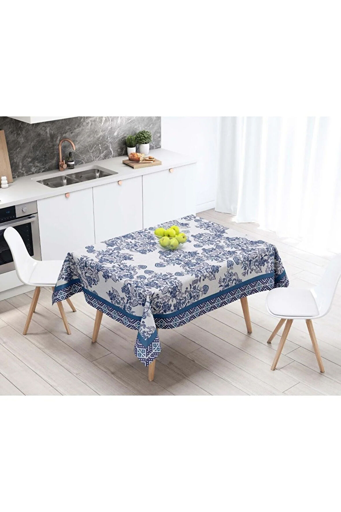 Blue Flowers Masa Örtüsü -Uluslararası yıkama ve solmama sertifikası 160cm x 220cm, Kumaş ince keten