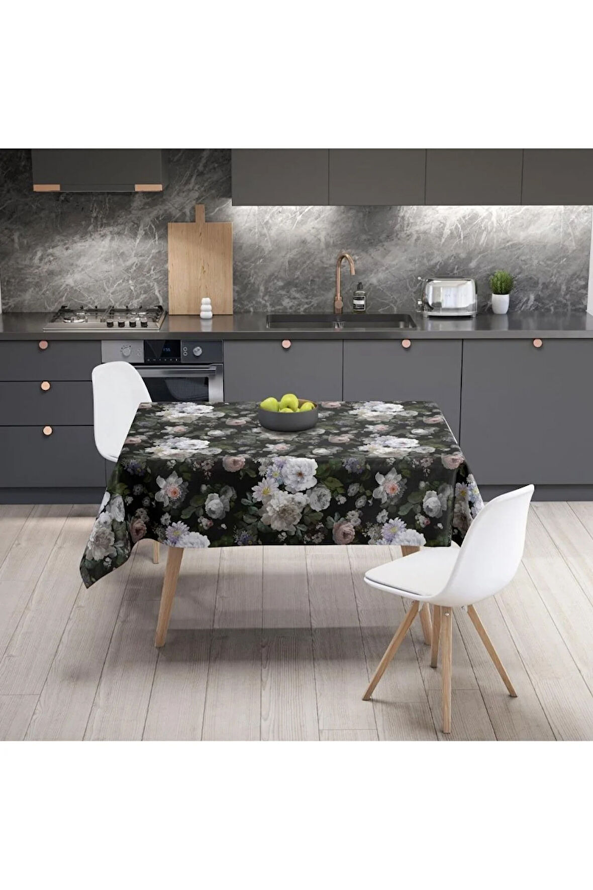 Siyah Çiçek Masa Örtüsü - (ince Keten, Uluslararası Yıkama Ve Solmama Sertifikası)