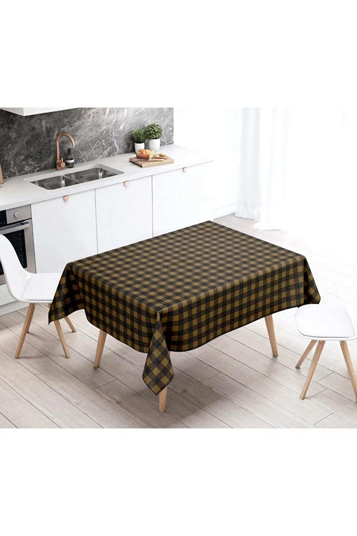 Sarı Siyah Kare Masa Örtüsü Uluslararası yıkama ve solmama sertifikası 160 x 220cm, Kumaş ince keten