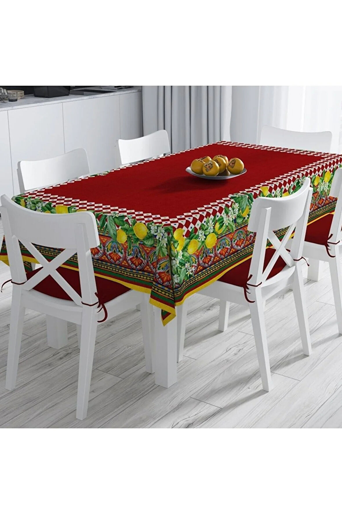 Renkli Limon Desenli Masa Örtüsü - (ince Keten, Uluslararası Yıkama Ve Solmama Sertifikası)