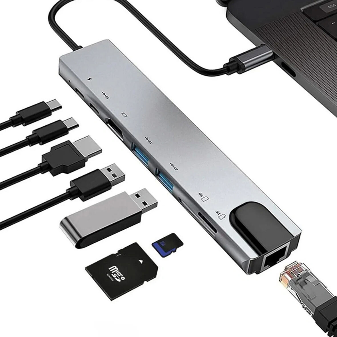 8in1 Type-C HDMI ETHERNET Çevirici Hub Çoğaltıcı HDMI 4K/RJ45/USB/TF/TYPEC Giriş