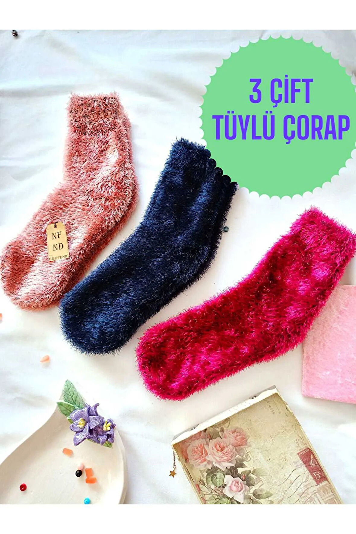 3 Çift Tüylü Kışlık Termal Patik Dikişsiz Çorap  GÜL K LACİ FUŞYA 36-41.