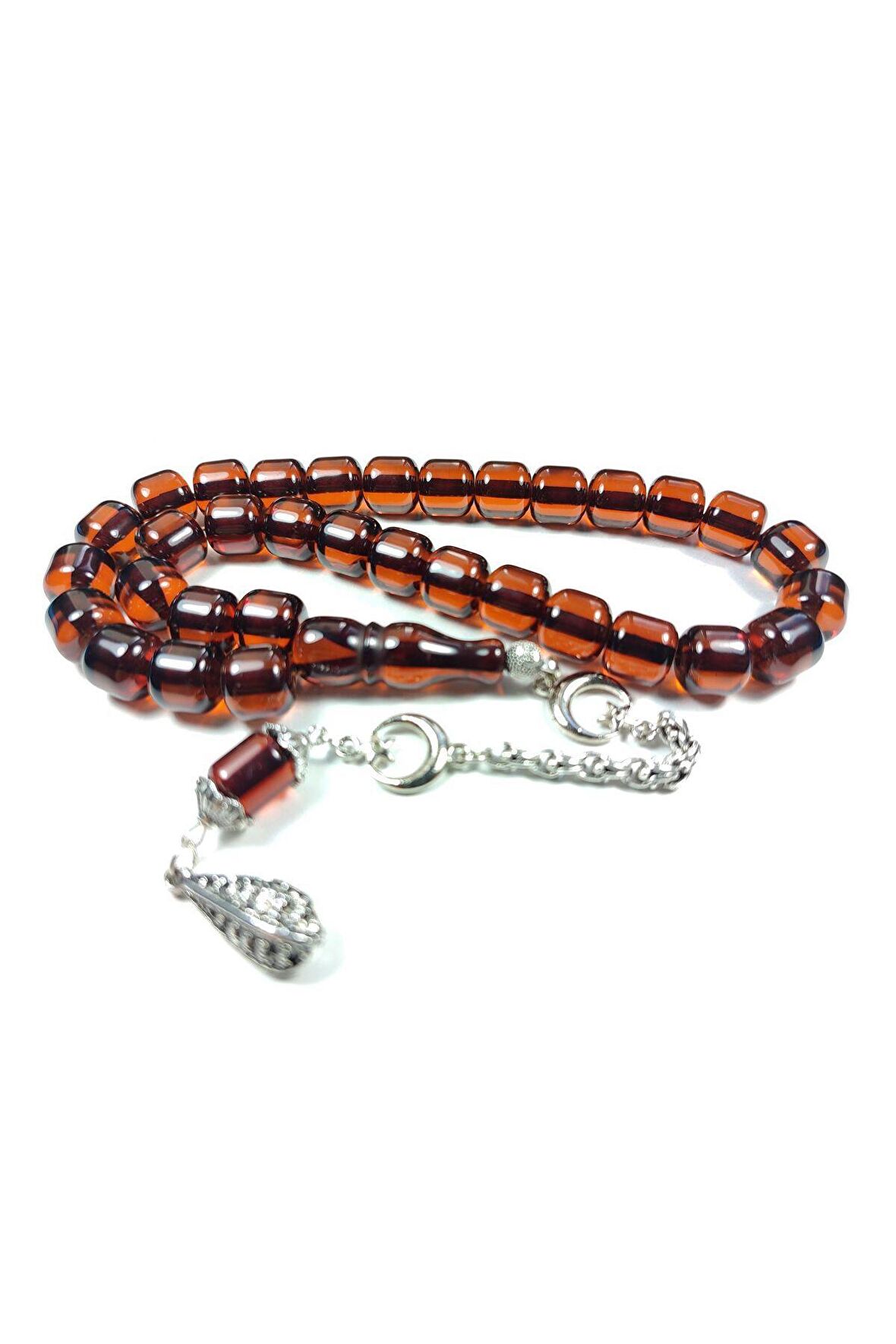 Ayyıldız Gümüş Kaplama Püskül Kombinli Sıkma Kehribar Sertifikalı No 3793