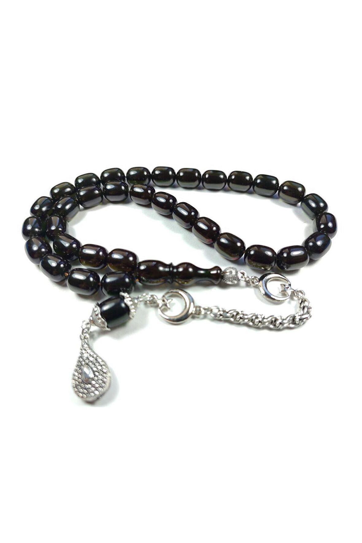 Ayyıldız Gümüş Kaplama Püskül Kombinli Sıkma Kehribar Sertifikalı No 3791