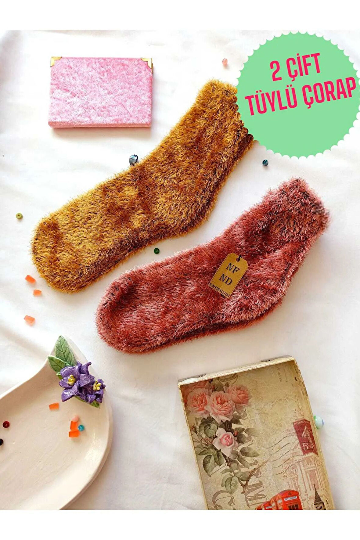 2 ÇİFT TÜYLÜ KIŞLIK TERMAL PATİK DİKİŞSİZ ÇORAP ERKEK KADIN EV-PARTİ ÇORABI GÜL KURUSU SARI 36-41.