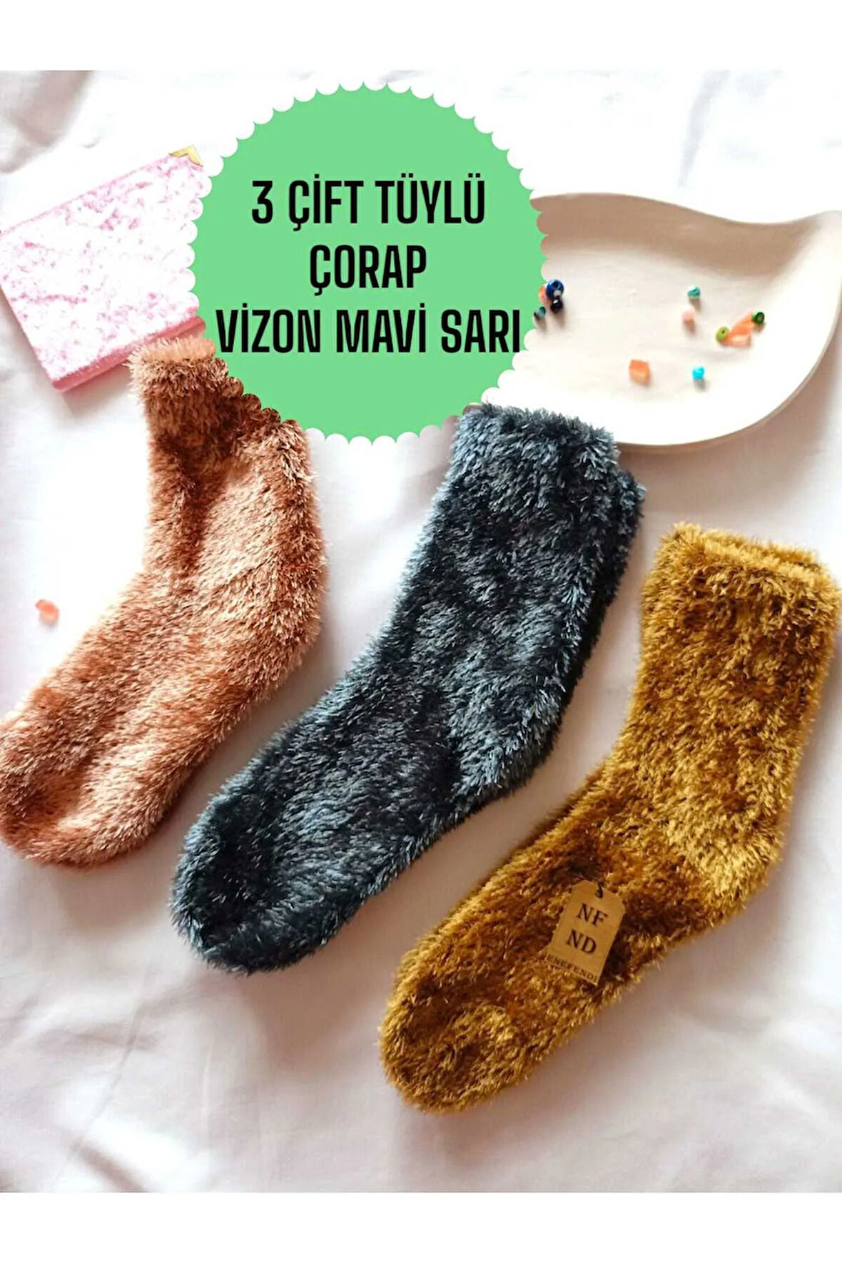 Tüylü Çorap 3 Çift Kışlık Termal Patik Dikişsiz Erkek Kadın Ev-parti Çorabı Sarı Vizon Mavi 36-41.