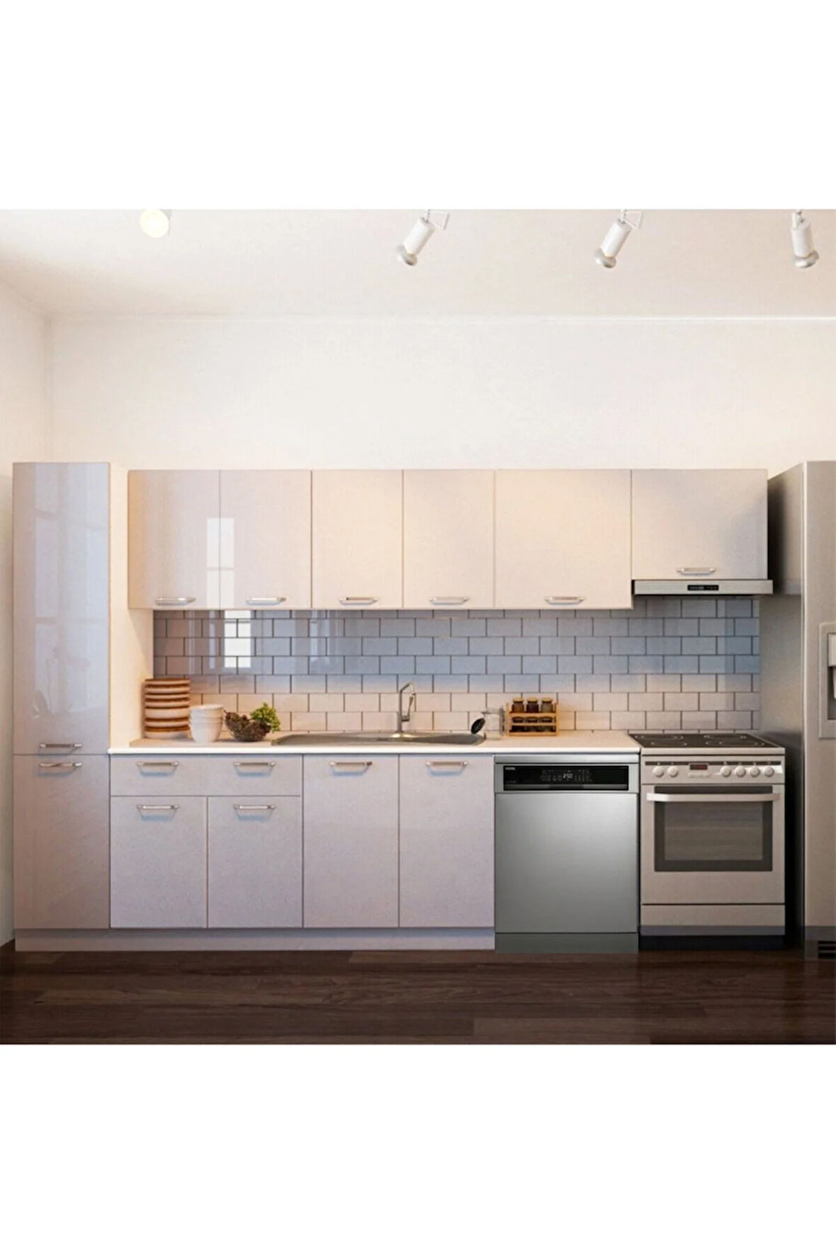 Avlonya Hazır Mutfak Dolabı Kiler Dahil 320cm-Beyaz Laminat Tezgah Dahil-BulaşıkMakinesi Yeri Mevcut