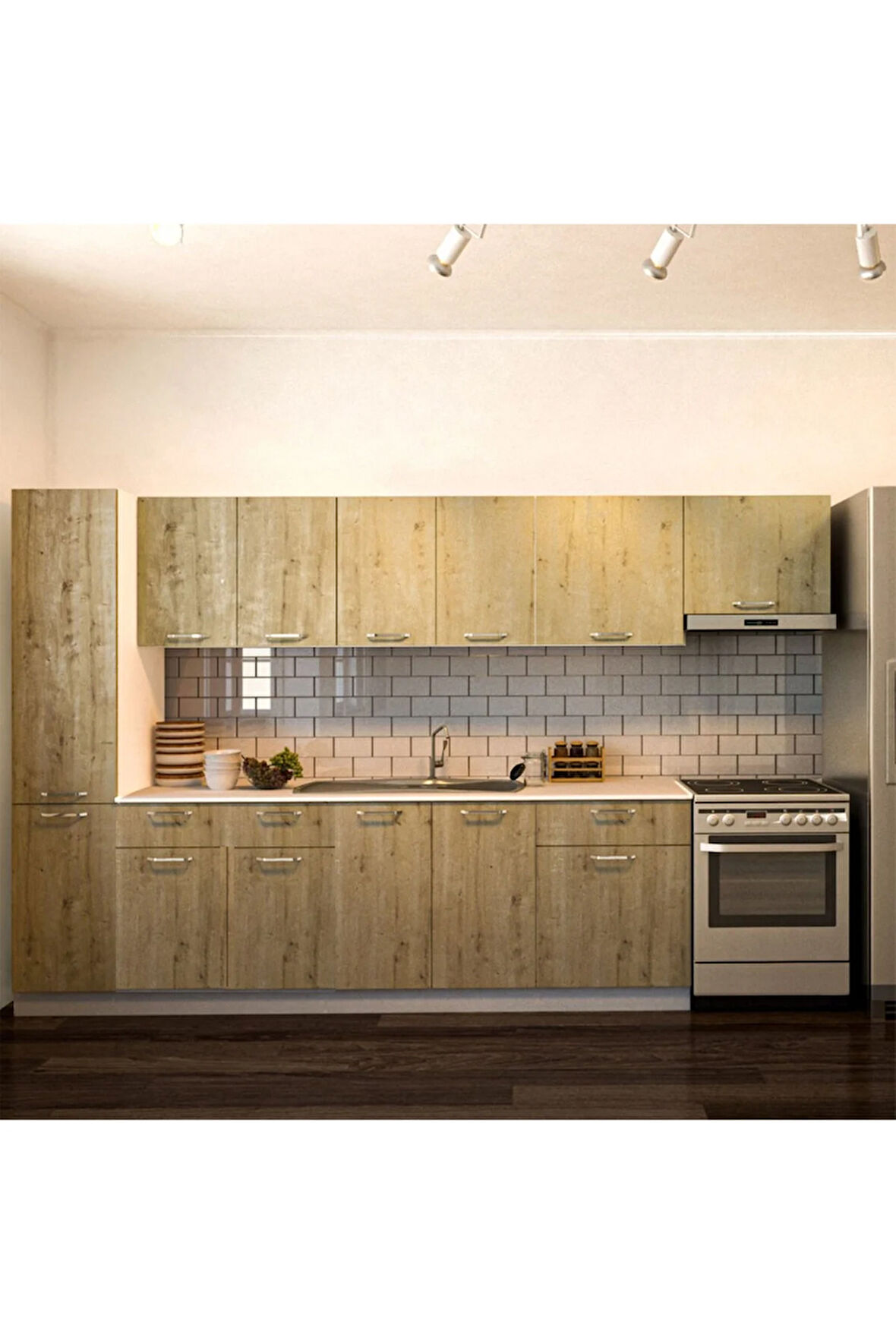 Avlonya Hazır Mutfak Dolabı Kiler Dahil 320cm-Beyaz Laminat Tezgah Dahil-BulaşıkMakinesi Yeri Mevcut