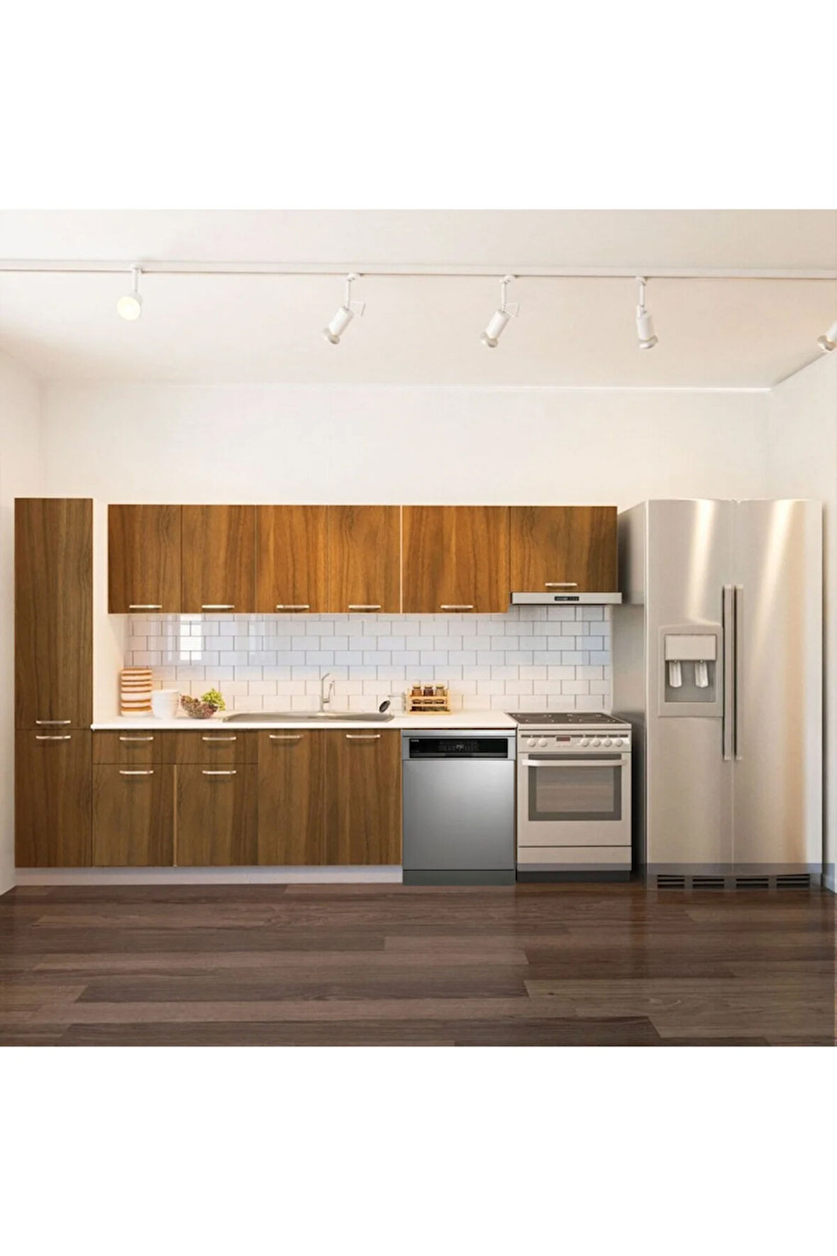 Avlonya Hazır Mutfak Dolabı Kiler Dahil 320cm-Beyaz Laminat Tezgah Dahil-BulaşıkMakinesi Yeri Mevcut