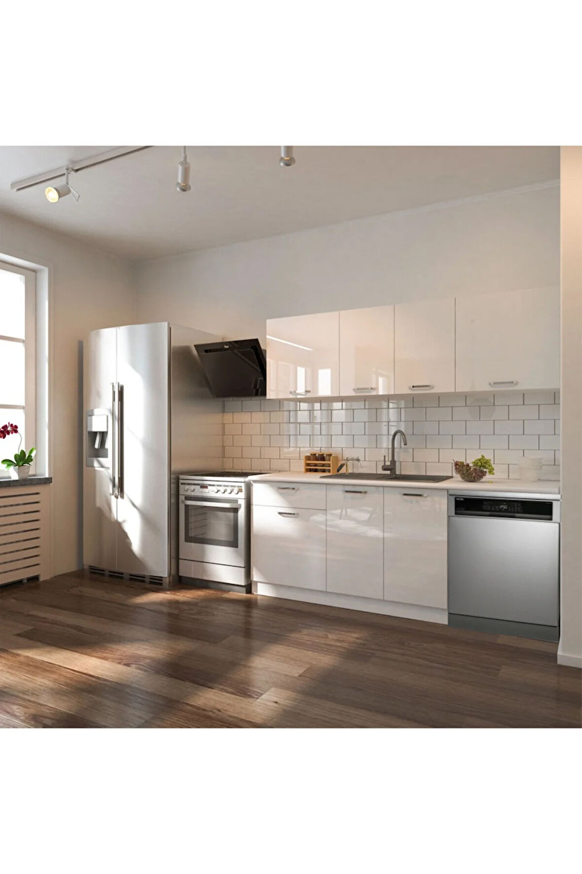 Fier Hazır Mutfak Dolabı 200 cm– Parlak-Beyaz Laminat Tezgah Dahil-Bulaşık Makinesi Yeri Mevcut